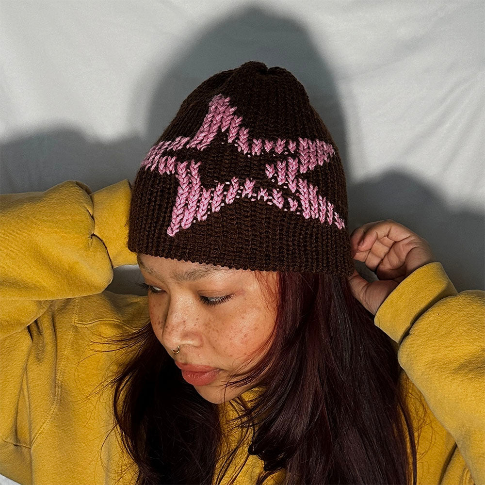 Brown and Pink Star Beanie